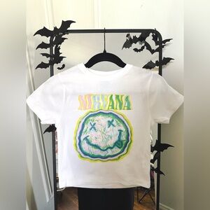 Nirvana Kids Graphic Tee – White Smiley Face Band Shirt Size S